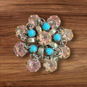 Vintage Pink rhinestones  Faux Turquoise  Brooch Pin Floral Motif 2"